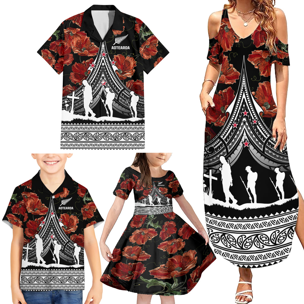 New Zealand ANZAC Day Family Matching Summer Maxi Dress and Hawaiian Shirt Poppy With Polynesian Pattern LT01 - Polynesian Pride