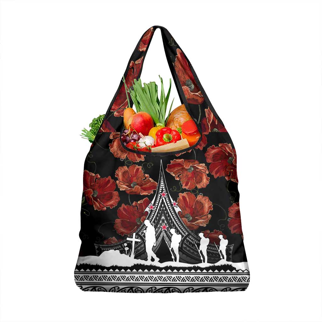 New Zealand ANZAC Day Grocery Bag Poppy With Polynesian Pattern LT01 1-pack One Size Black - Polynesian Pride