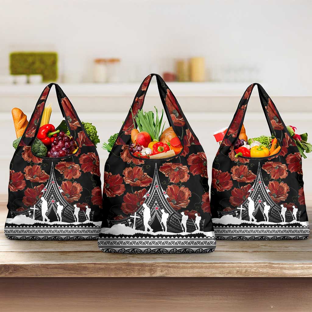 New Zealand ANZAC Day Grocery Bag Poppy With Polynesian Pattern LT01 3-pack One Size Black - Polynesian Pride
