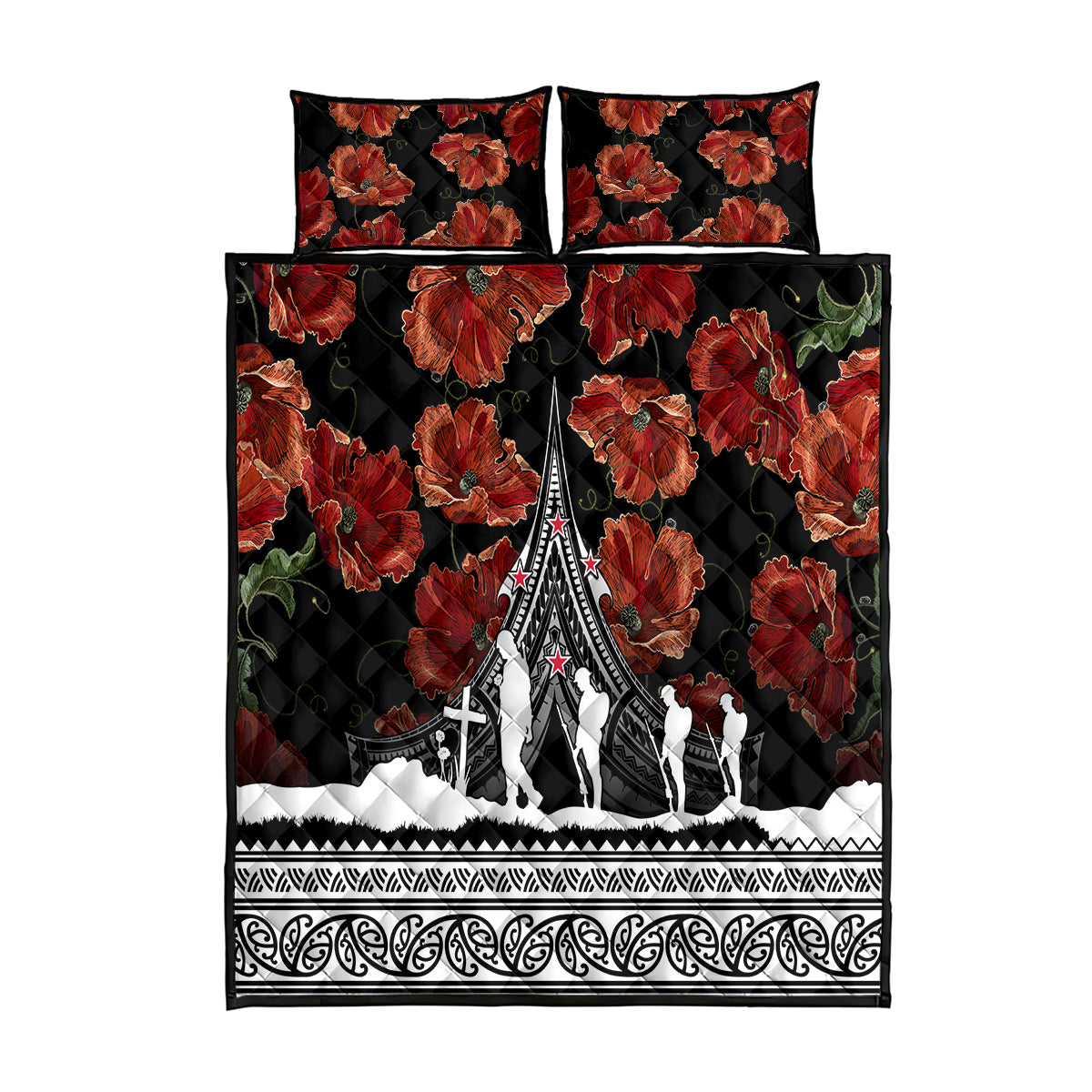 New Zealand ANZAC Day Quilt Bed Set Poppy With Polynesian Pattern LT01 Black - Polynesian Pride