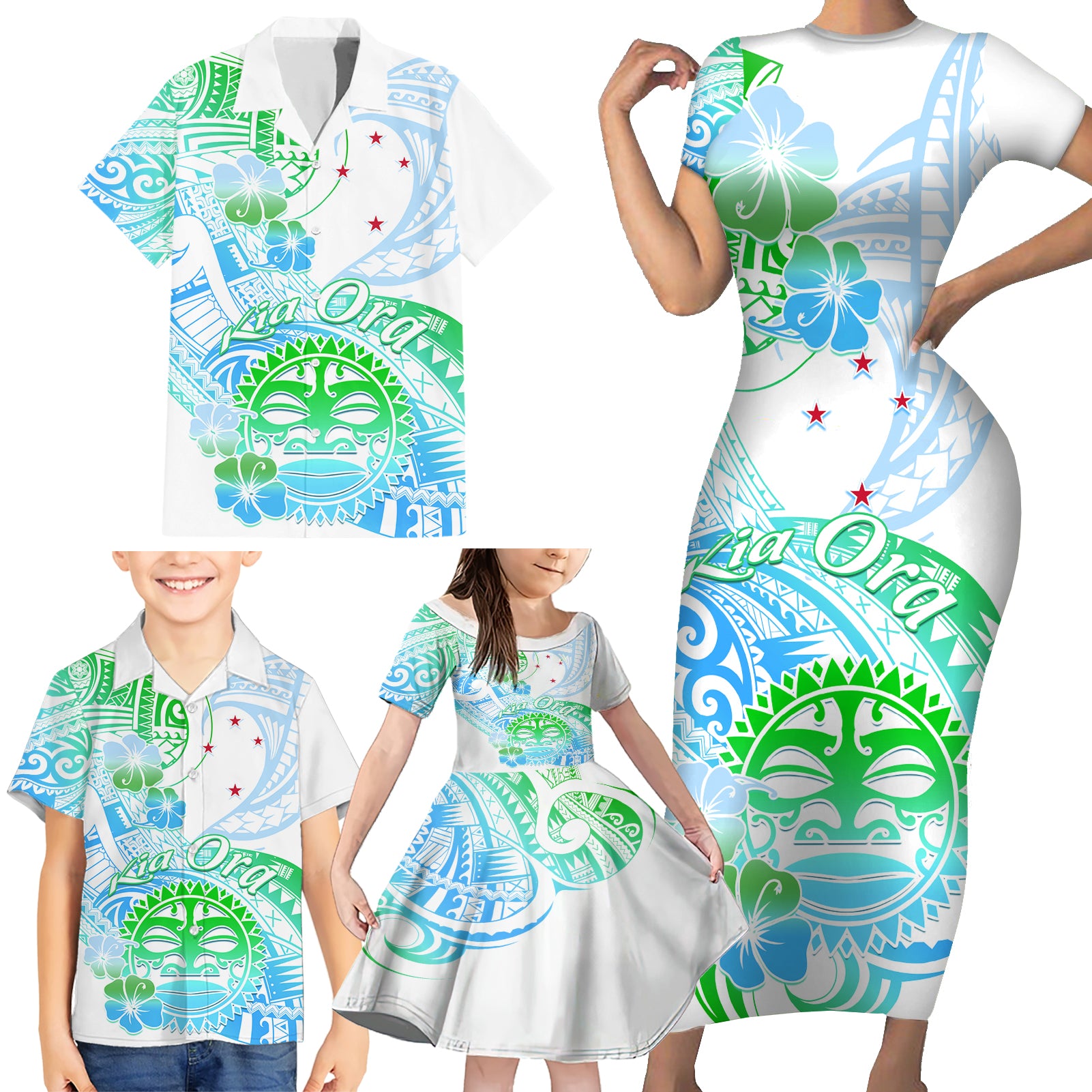 Kia Ora Maori New Zealand Pastel Family Matching Short Sleeve Bodycon Dress and Hawaiian Shirt Sun Ta Moko Aqua Green Version LT01 - Polynesian Pride