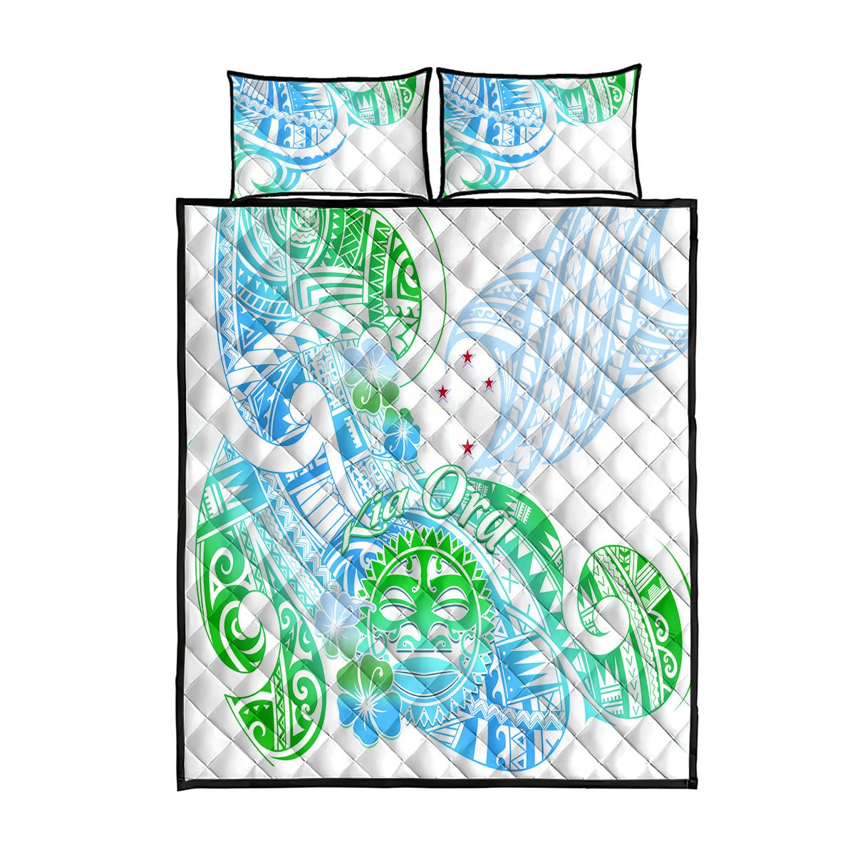 Kia Ora Maori New Zealand Pastel Quilt Bed Set Sun Ta Moko Aqua Green Version LT01 Aqua - Polynesian Pride