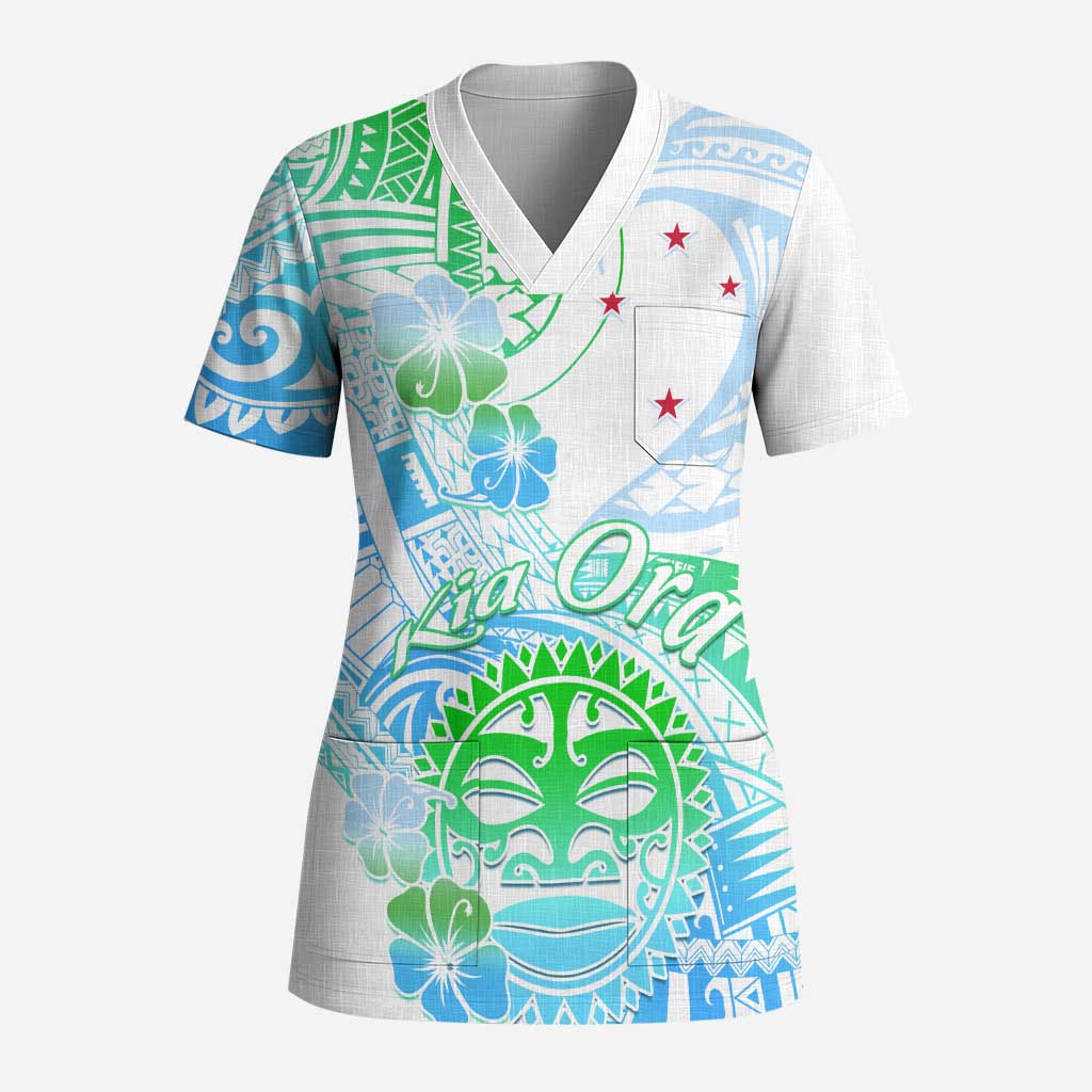 Kia Ora Maori New Zealand Pastel Scrub Top Sun Ta Moko Aqua Green Version LT01 Adult Aqua - Polynesian Pride