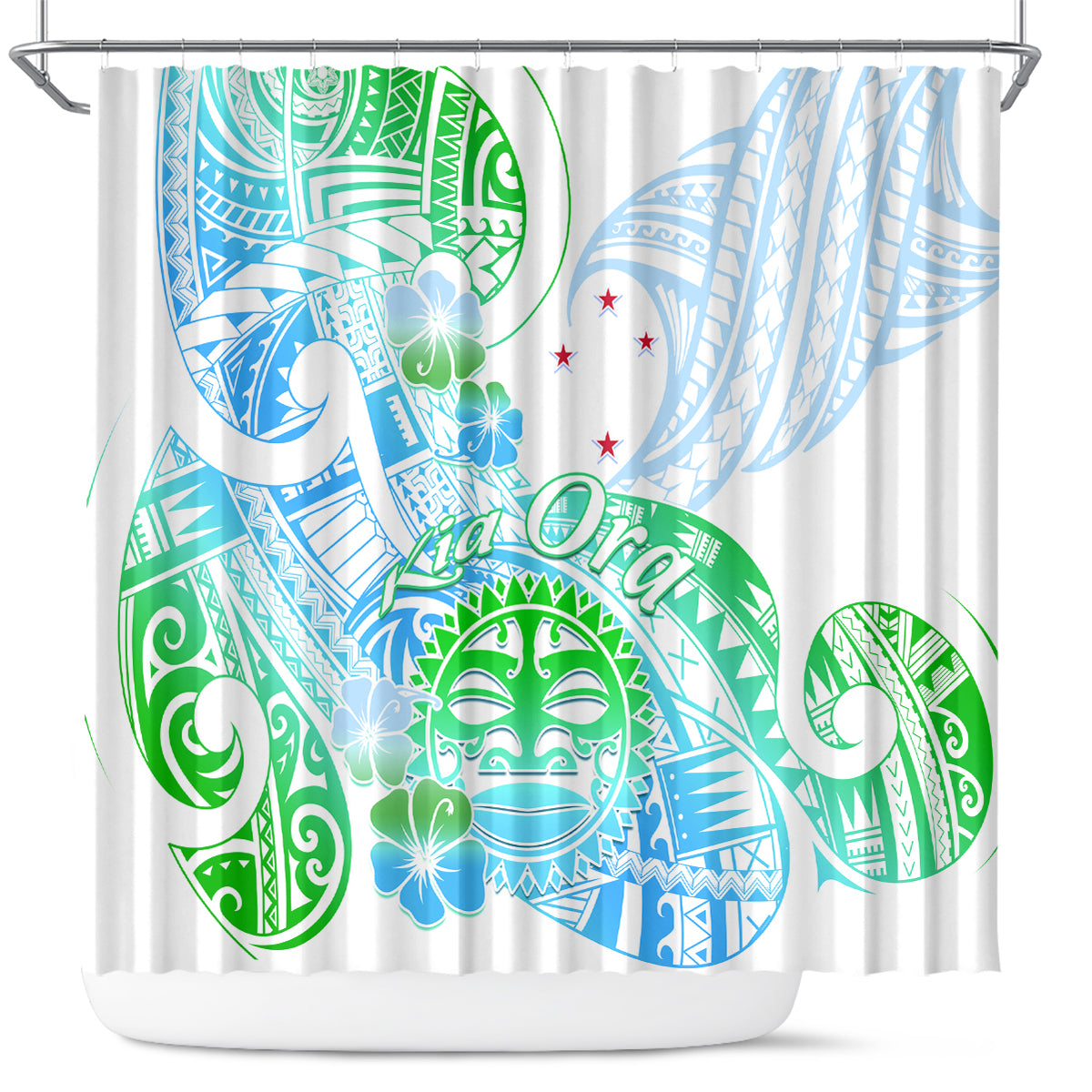 Kia Ora Maori New Zealand Pastel Shower Curtain Sun Ta Moko Aqua Green Version LT01 Aqua - Polynesian Pride