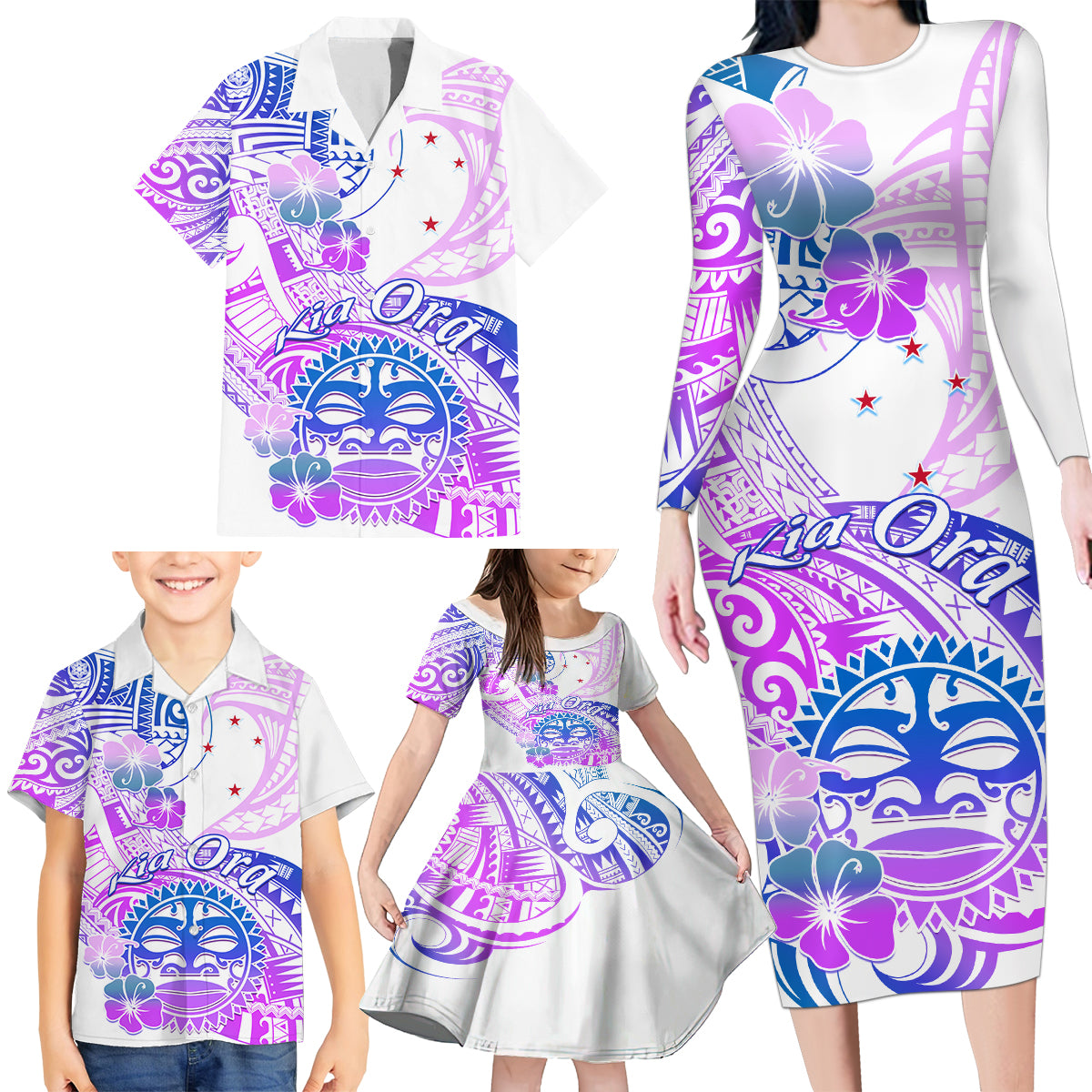 Kia Ora Maori New Zealand Pastel Family Matching Long Sleeve Bodycon Dress and Hawaiian Shirt Sun Ta Moko Lilac Version LT01 - Polynesian Pride