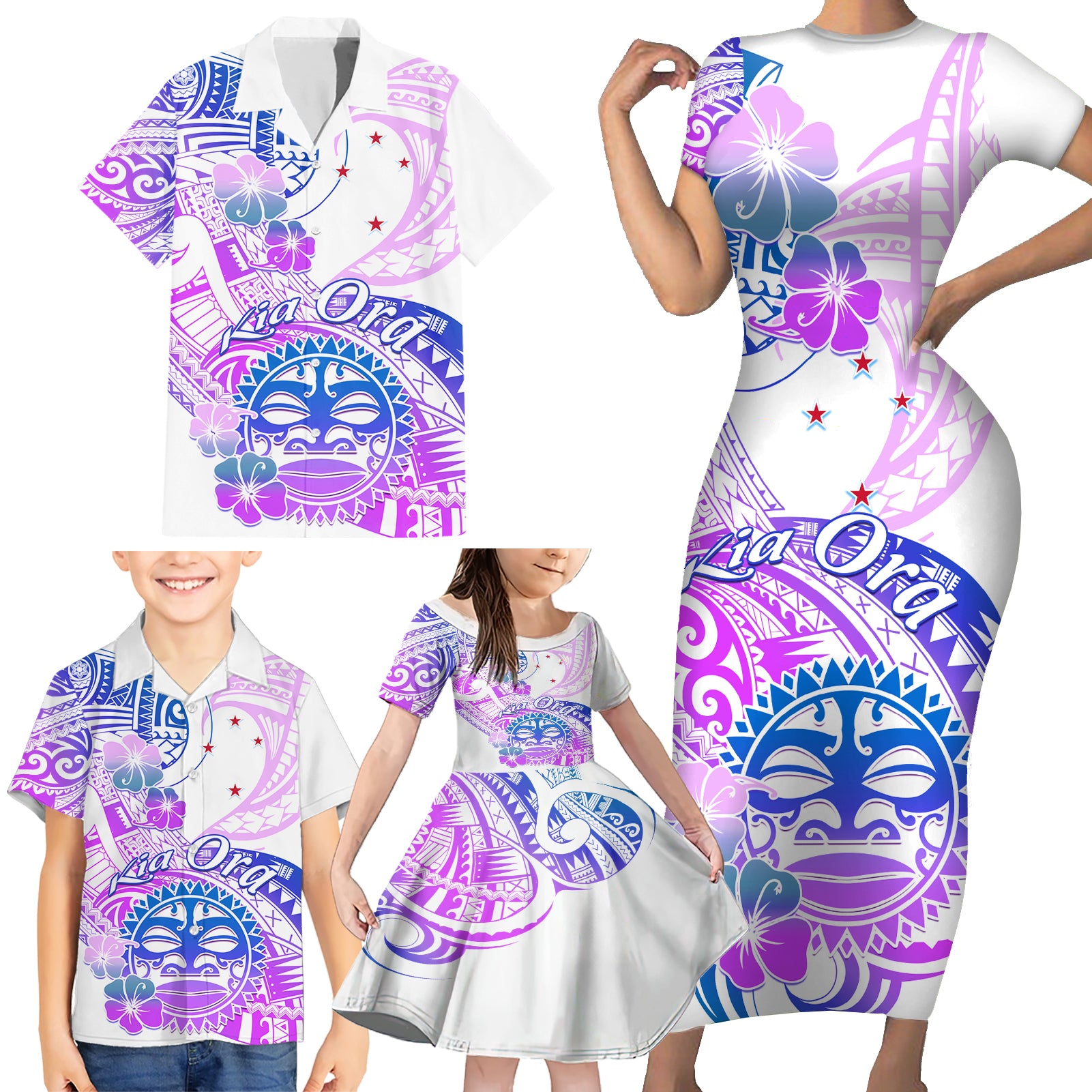 Kia Ora Maori New Zealand Pastel Family Matching Short Sleeve Bodycon Dress and Hawaiian Shirt Sun Ta Moko Lilac Version LT01 - Polynesian Pride