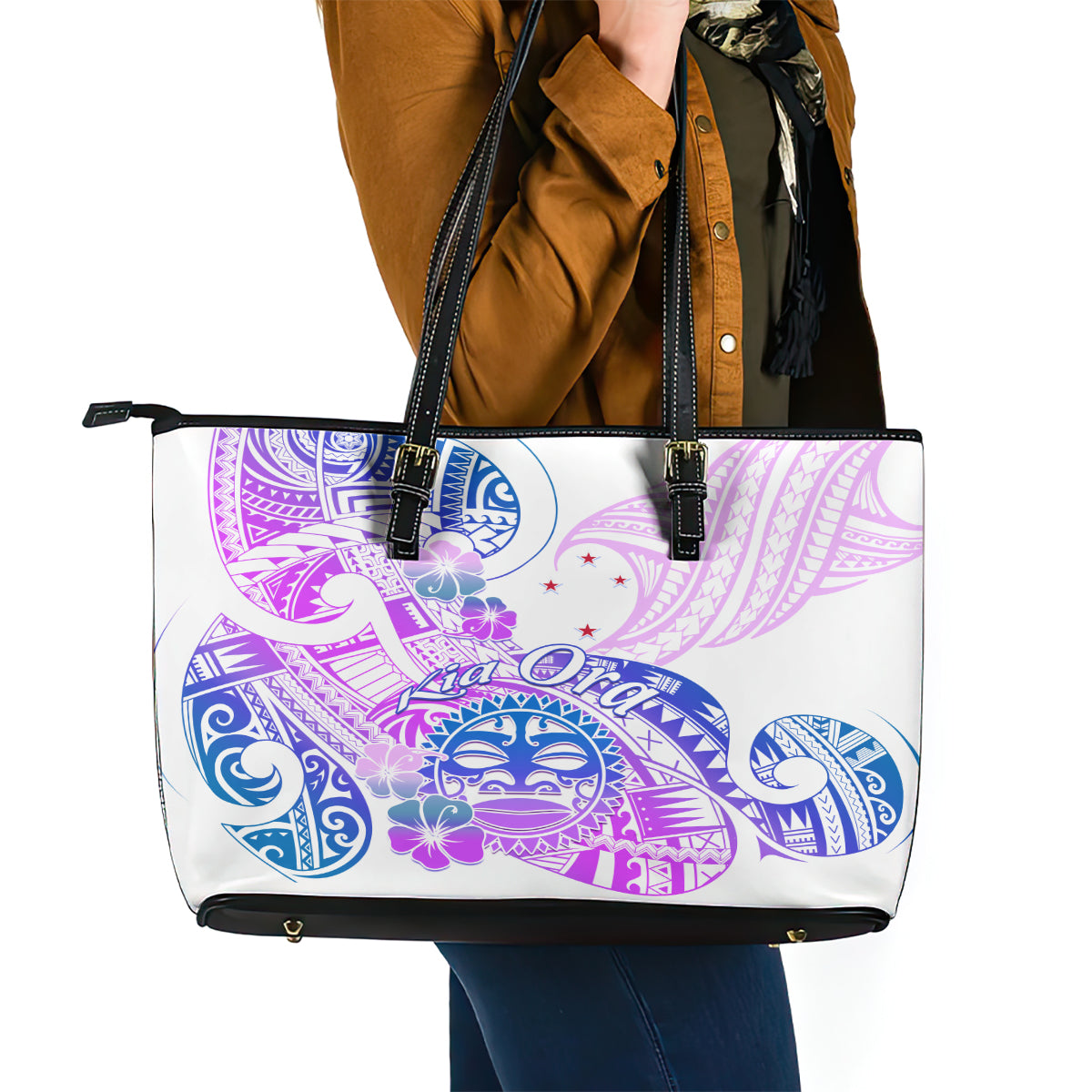 Kia Ora Maori New Zealand Pastel Leather Tote Bag Sun Ta Moko Lilac Version LT01 - Polynesian Pride