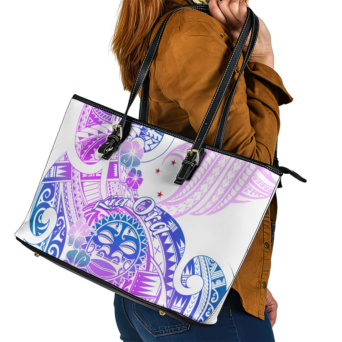 Kia Ora Maori New Zealand Pastel Leather Tote Bag Sun Ta Moko Lilac Version LT01 - Polynesian Pride