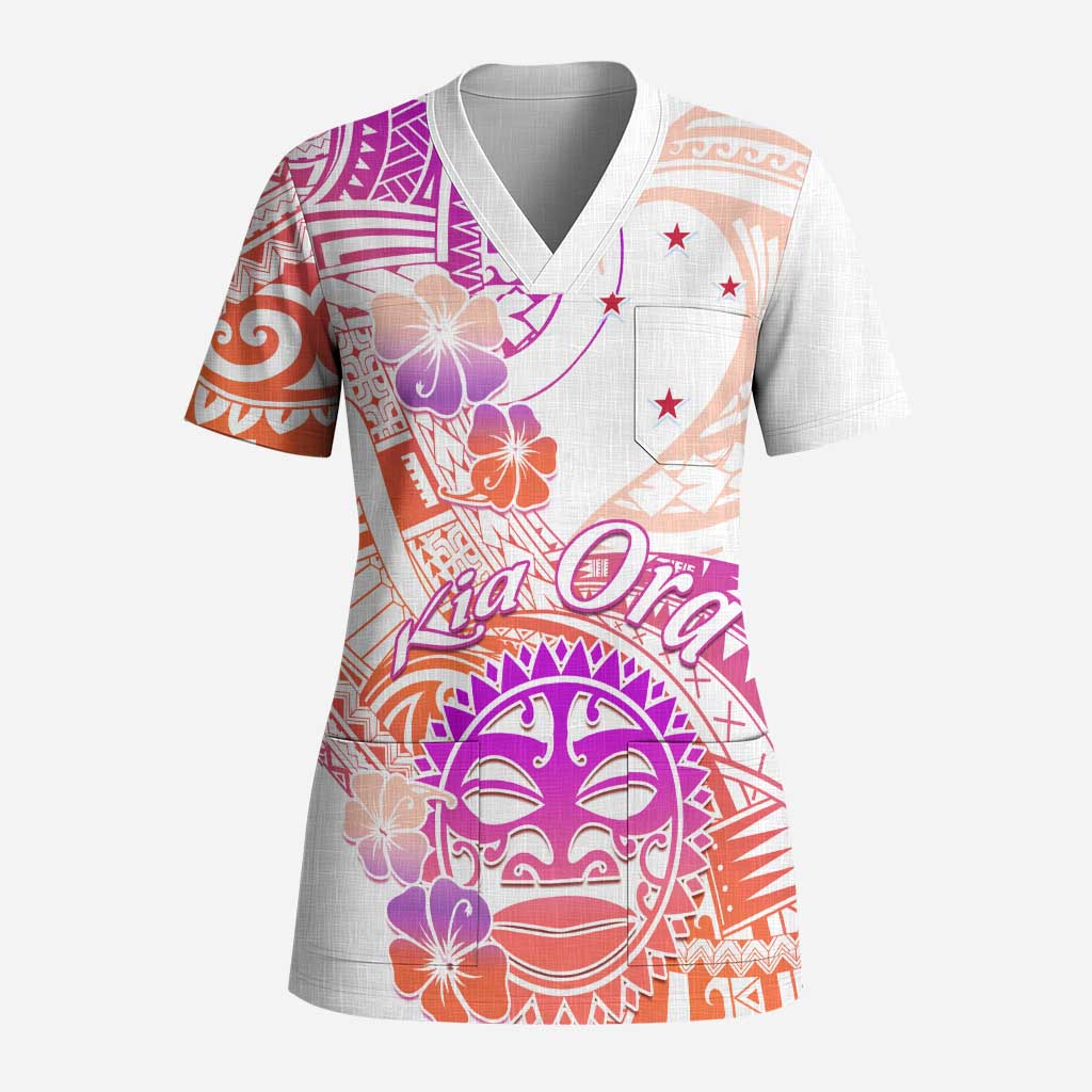 Kia Ora Maori New Zealand Pastel Scrub Top Sun Ta Moko Sunset Version LT01 Adult Orange - Polynesian Pride