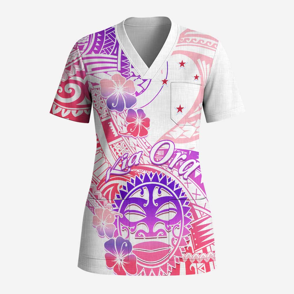 Kia Ora Maori New Zealand Pastel Scrub Top Sun Ta Moko Sweet Version LT01 Adult Pink - Polynesian Pride