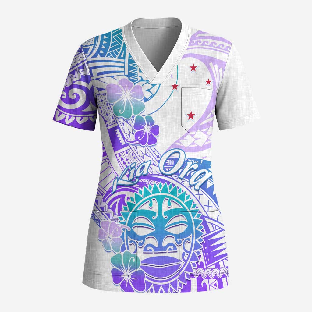 Kia Ora Maori New Zealand Pastel Scrub Top Sun Ta Moko Violet Version LT01 Adult Purple - Polynesian Pride