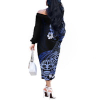 Aotearoa Kia Ora New Zealand Ta Moko Blue Version Off The Shoulder Long Sleeve Dress LT01 - Polynesian Pride