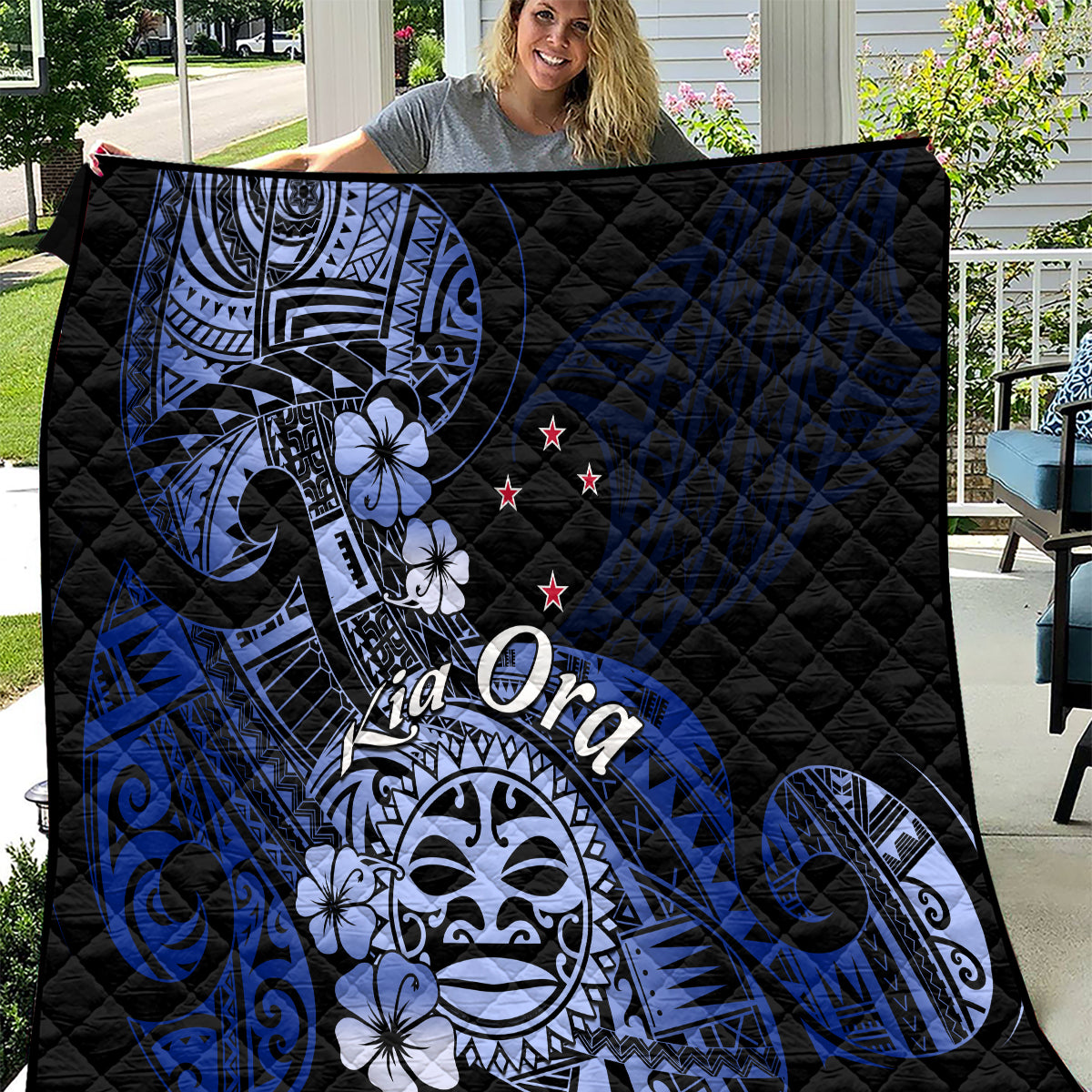 Aotearoa Kia Ora New Zealand Ta Moko Blue Version Quilt LT01 Blue - Polynesian Pride