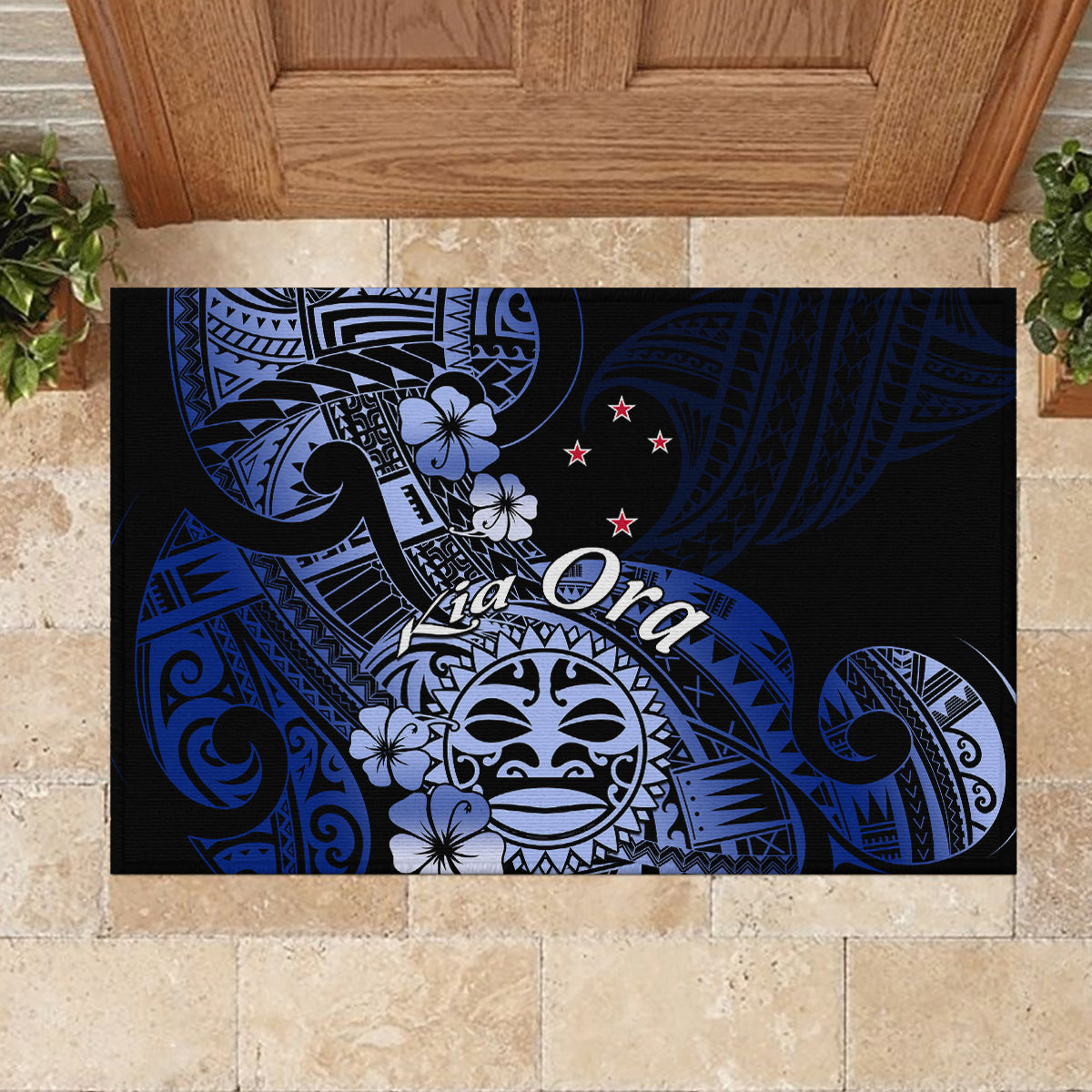 Aotearoa Kia Ora New Zealand Ta Moko Blue Version Rubber Doormat LT01 - Polynesian Pride