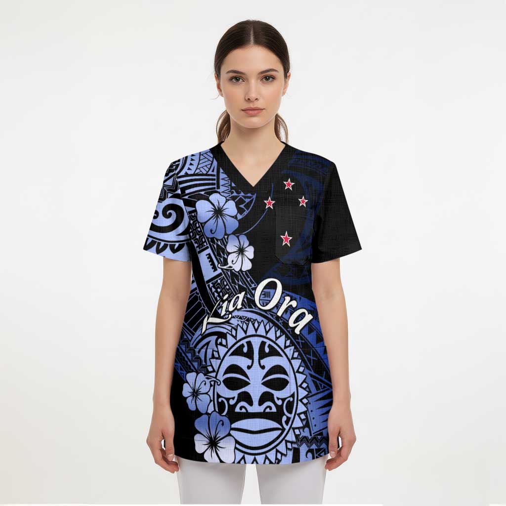 Aotearoa Kia Ora New Zealand Ta Moko Blue Version Scrub Top LT01 - Polynesian Pride