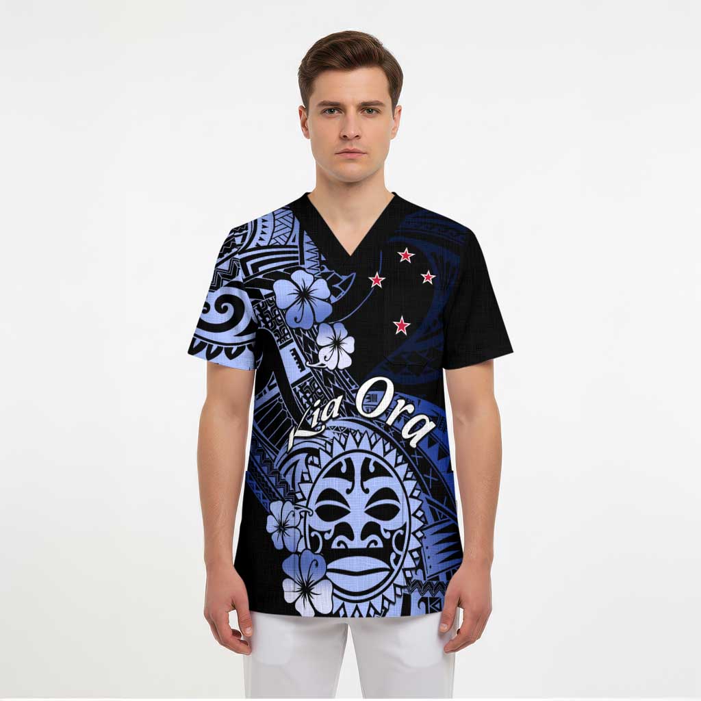 Aotearoa Kia Ora New Zealand Ta Moko Blue Version Scrub Top LT01 - Polynesian Pride
