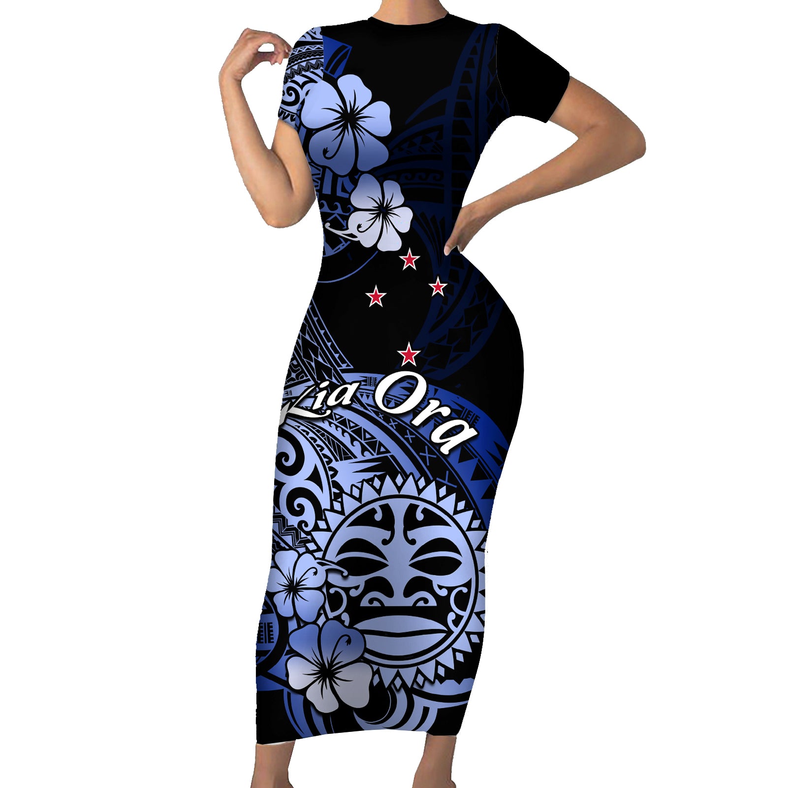 Aotearoa Kia Ora New Zealand Ta Moko Blue Version Short Sleeve Bodycon Dress LT01 Long Dress Blue - Polynesian Pride