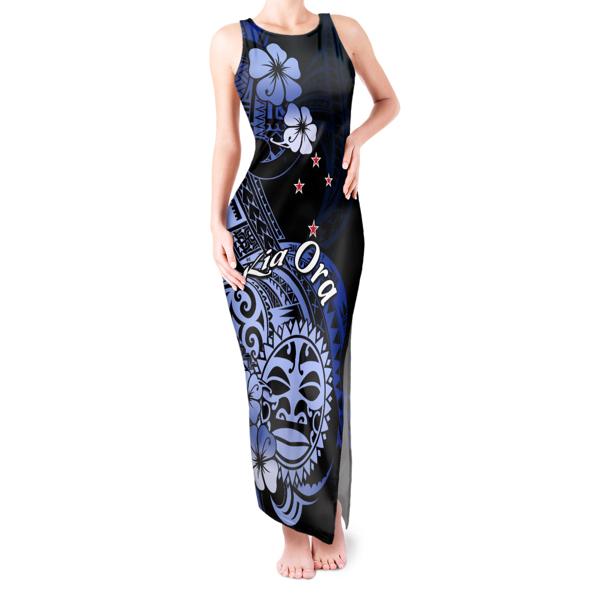 Aotearoa Kia Ora New Zealand Ta Moko Blue Version Tank Maxi Dress LT01 Women Blue - Polynesian Pride