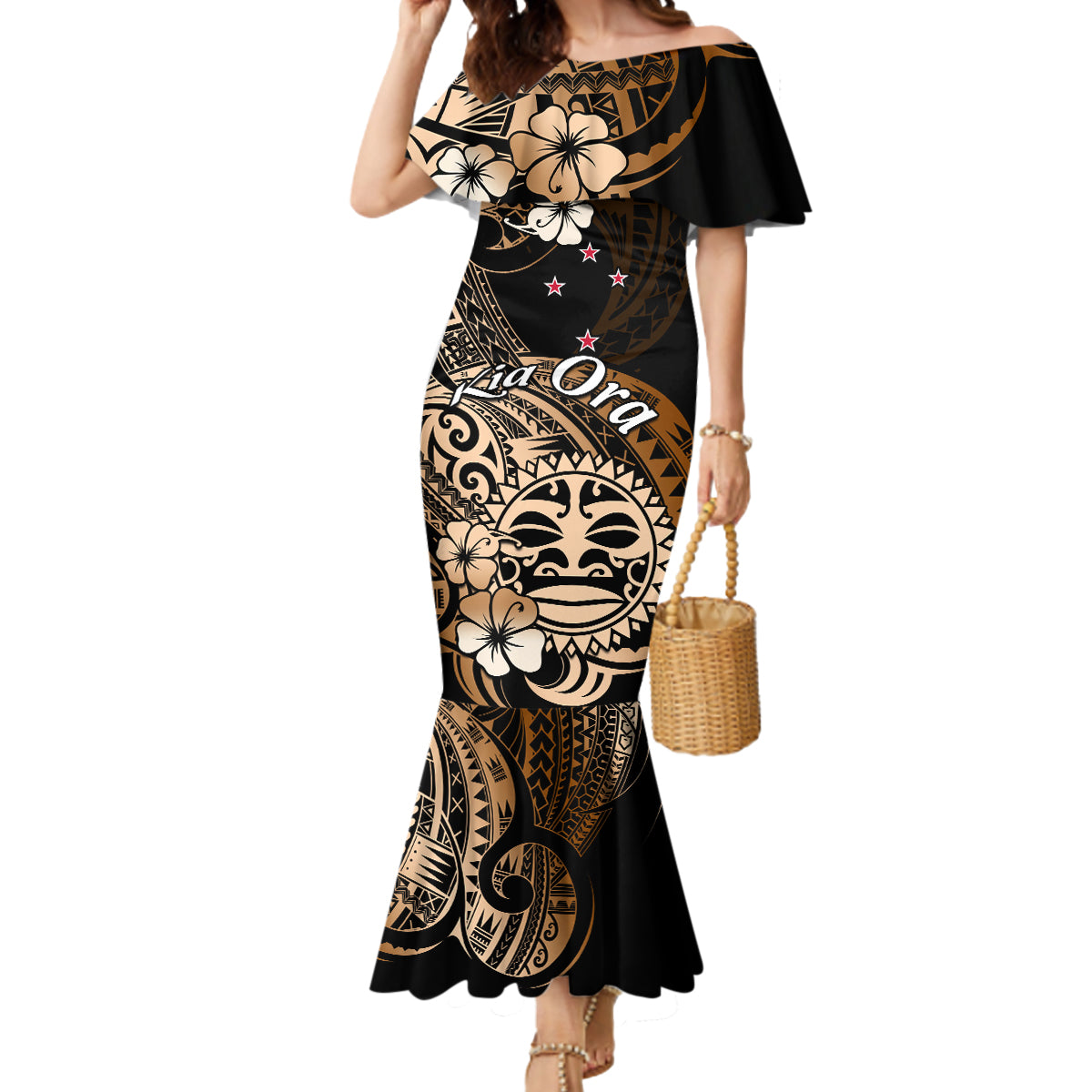 Aotearoa Kia Ora New Zealand Ta Moko Gold Version Mermaid Dress LT01 Women Gold - Polynesian Pride