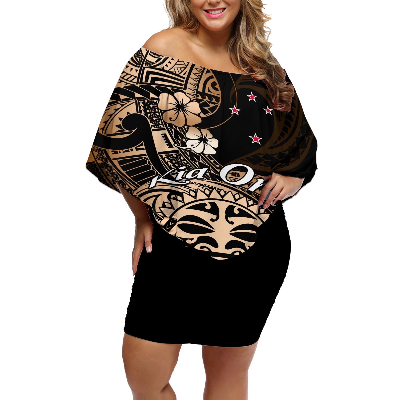 Aotearoa Kia Ora New Zealand Ta Moko Gold Version Off Shoulder Short Dress LT01 Women Gold - Polynesian Pride