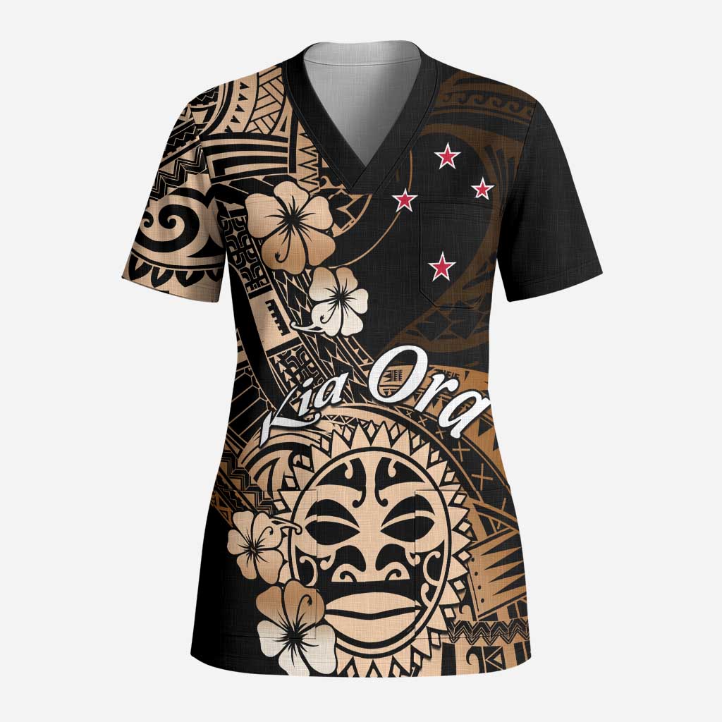 Aotearoa Kia Ora New Zealand Ta Moko Gold Version Scrub Top LT01 Adult Gold - Polynesian Pride