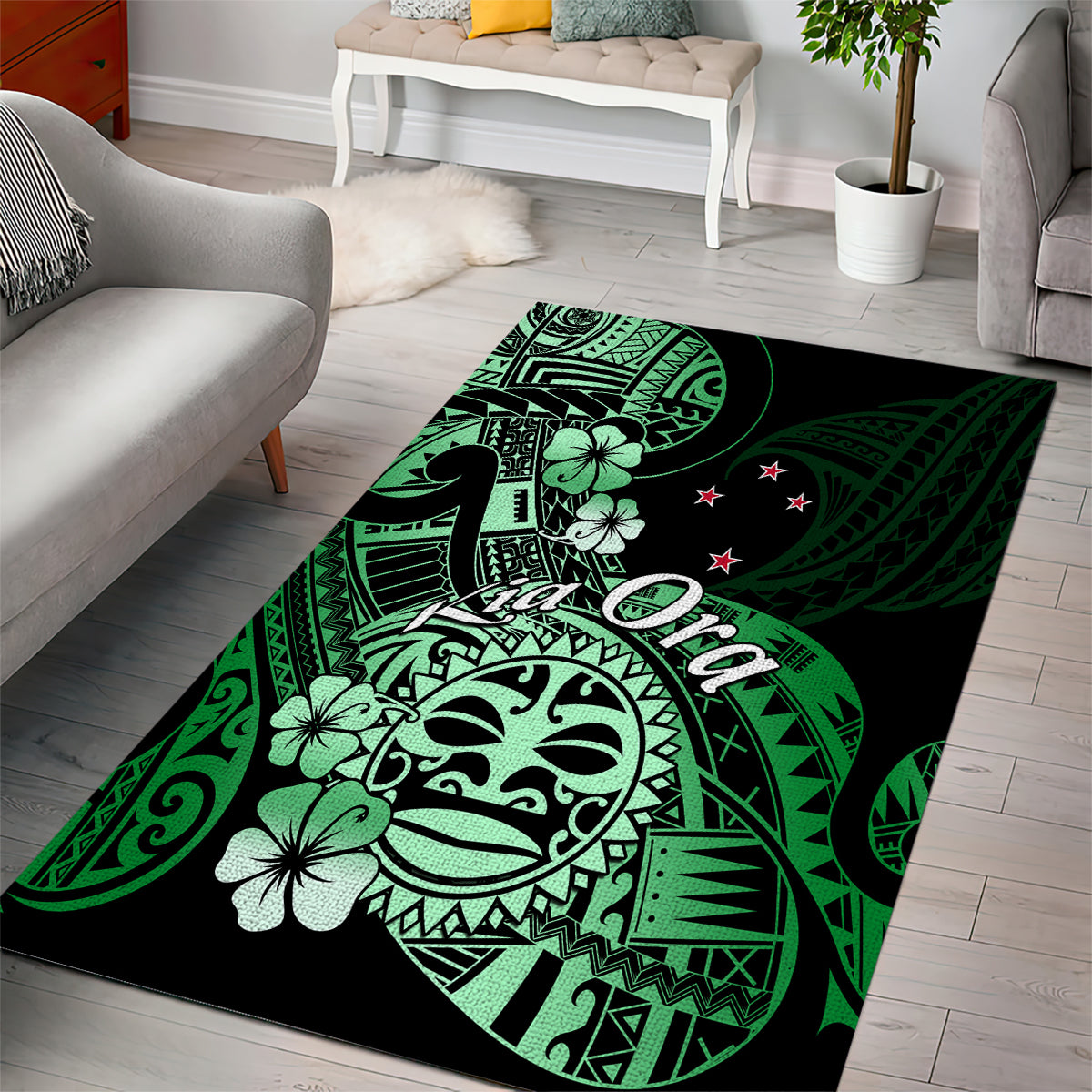 Aotearoa Kia Ora New Zealand Ta Moko Green Version Area Rug LT01 - Polynesian Pride