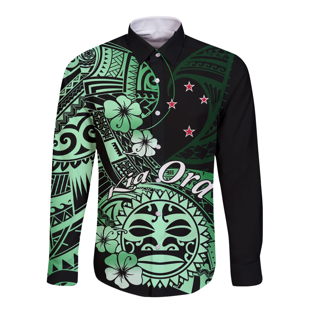 Aotearoa Kia Ora New Zealand Ta Moko Green Version Long Sleeve Button Shirt LT01 Unisex Green - Polynesian Pride