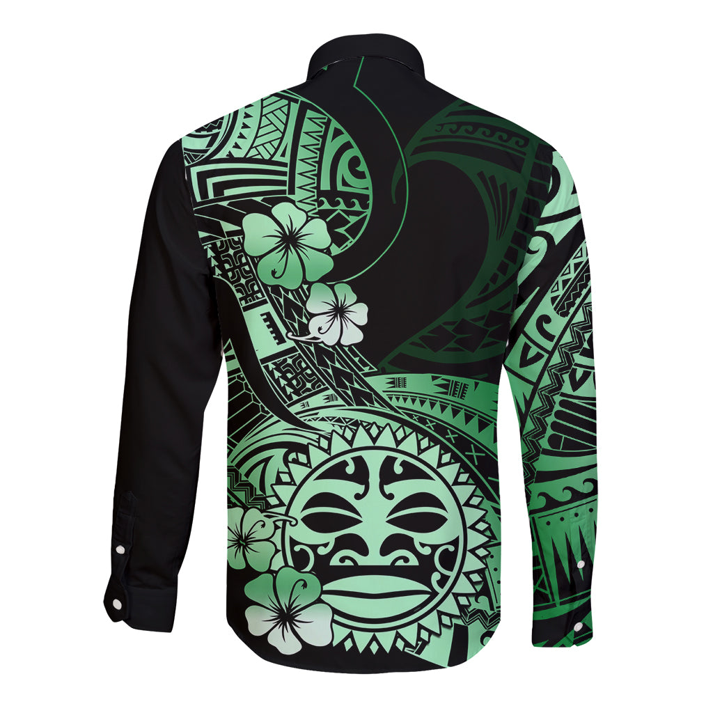 Aotearoa Kia Ora New Zealand Ta Moko Green Version Long Sleeve Button Shirt LT01 - Polynesian Pride