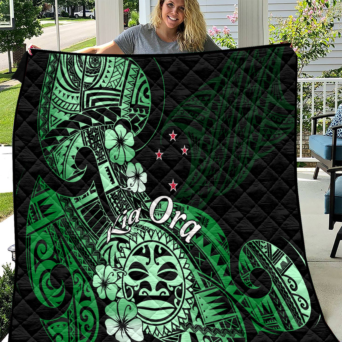 Aotearoa Kia Ora New Zealand Ta Moko Green Version Quilt LT01 Green - Polynesian Pride