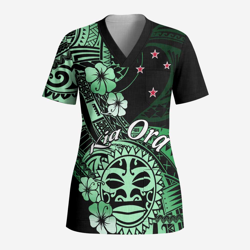 Aotearoa Kia Ora New Zealand Ta Moko Green Version Scrub Top LT01 Adult Green - Polynesian Pride