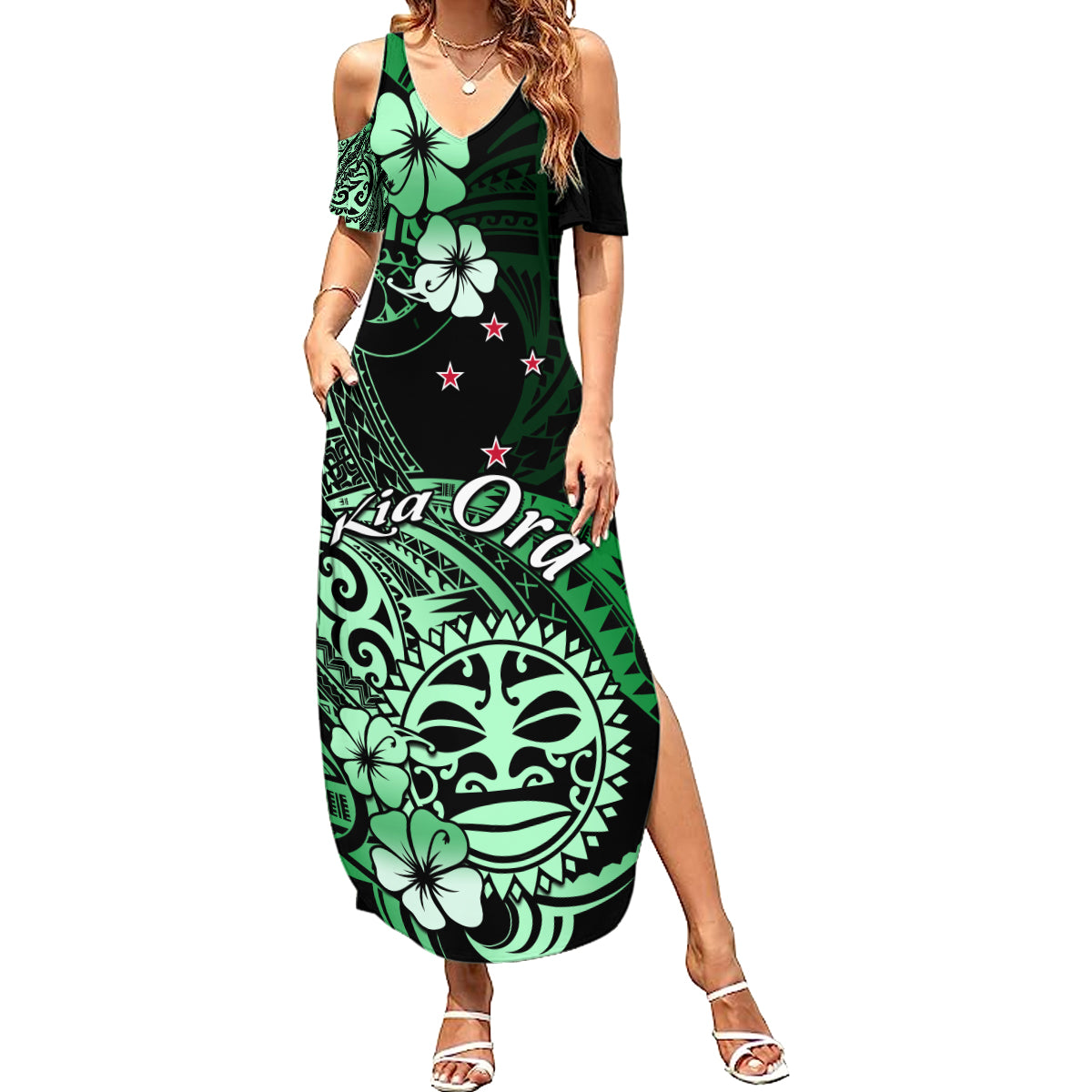 Aotearoa Kia Ora New Zealand Ta Moko Green Version Summer Maxi Dress LT01 Women Green - Polynesian Pride