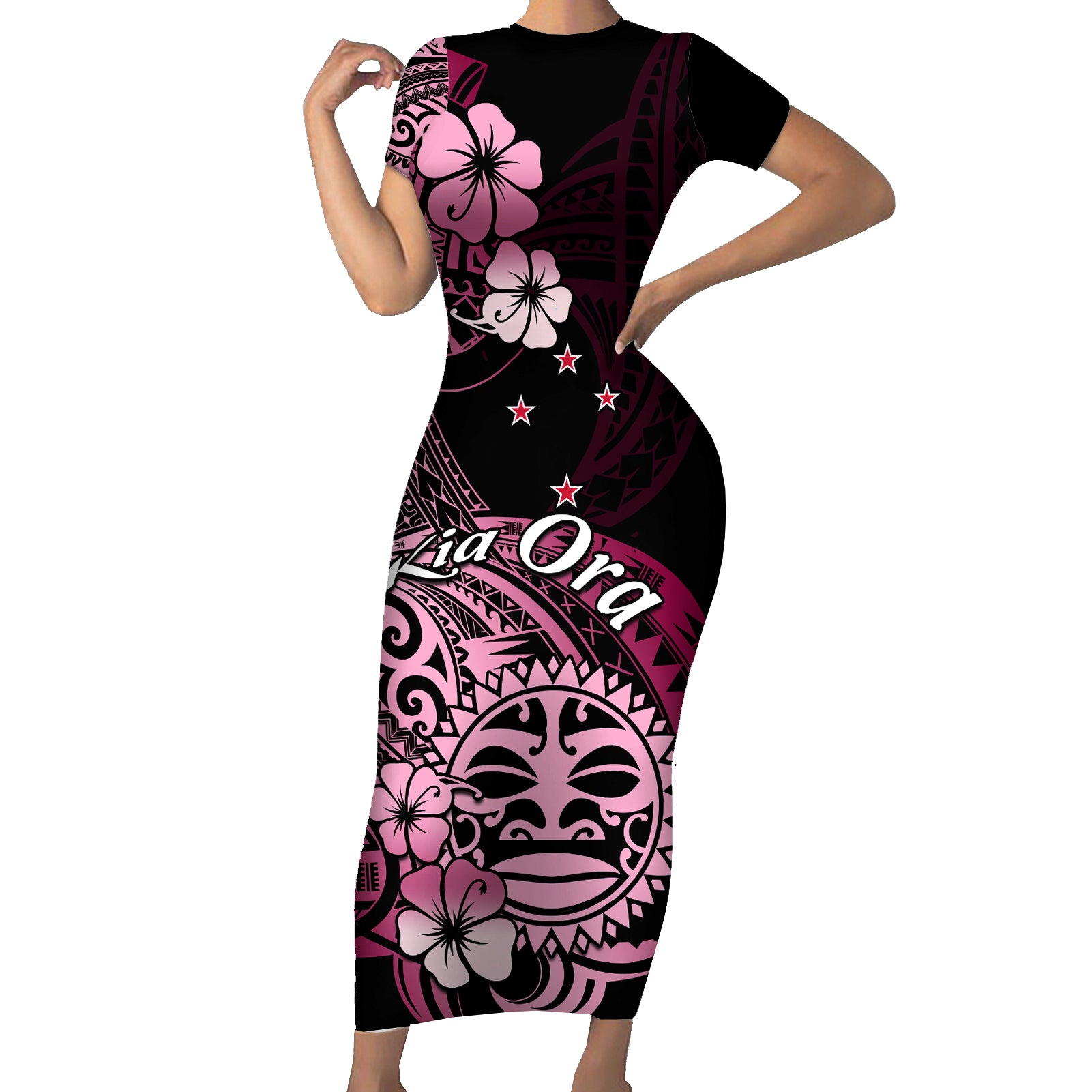 Aotearoa Kia Ora New Zealand Ta Moko Pink Version Short Sleeve Bodycon Dress LT01 Long Dress Pink - Polynesian Pride