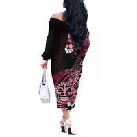 Aotearoa Kia Ora New Zealand Ta Moko Red Version Off The Shoulder Long Sleeve Dress LT01 - Polynesian Pride