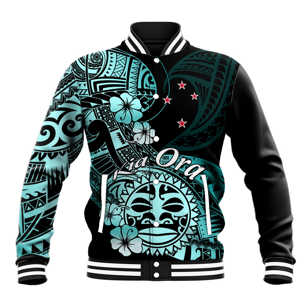 Aotearoa Kia Ora New Zealand Ta Moko Turquoise Version Baseball Jacket LT01 Unisex Turquoise - Polynesian Pride