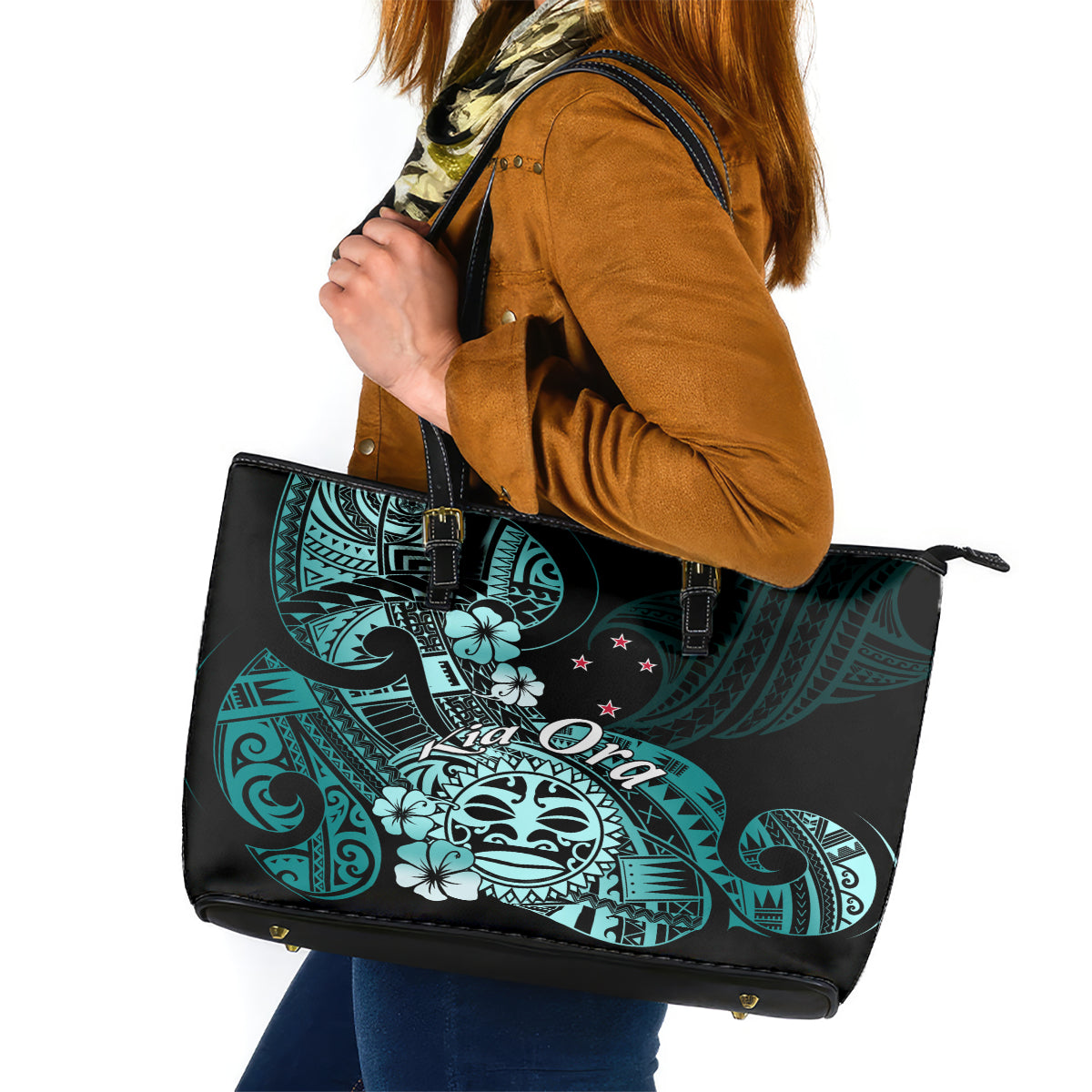 Aotearoa Kia Ora New Zealand Ta Moko Turquoise Version Leather Tote Bag LT01 Turquoise - Polynesian Pride