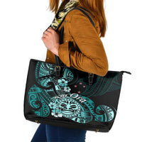 Aotearoa Kia Ora New Zealand Ta Moko Turquoise Version Leather Tote Bag LT01 Turquoise - Polynesian Pride