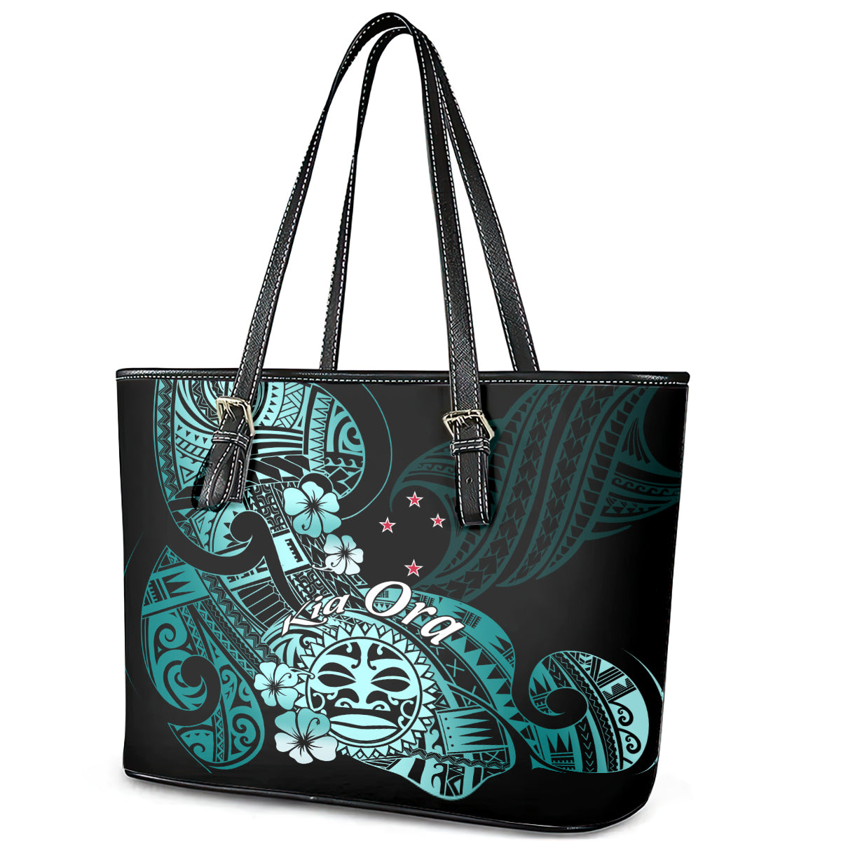 Aotearoa Kia Ora New Zealand Ta Moko Turquoise Version Leather Tote Bag LT01 - Polynesian Pride