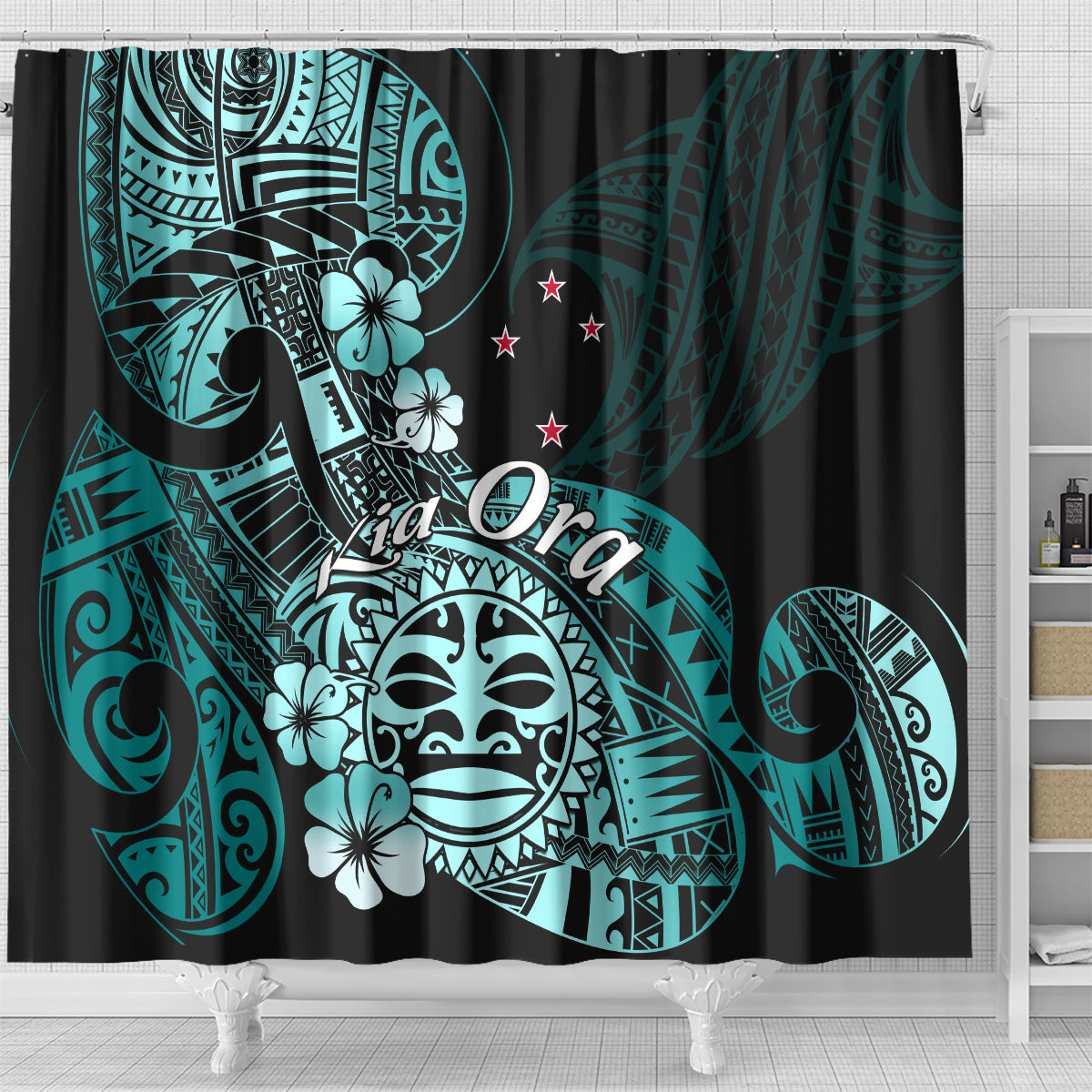 Aotearoa Kia Ora New Zealand Ta Moko Turquoise Version Shower Curtain LT01 - Polynesian Pride