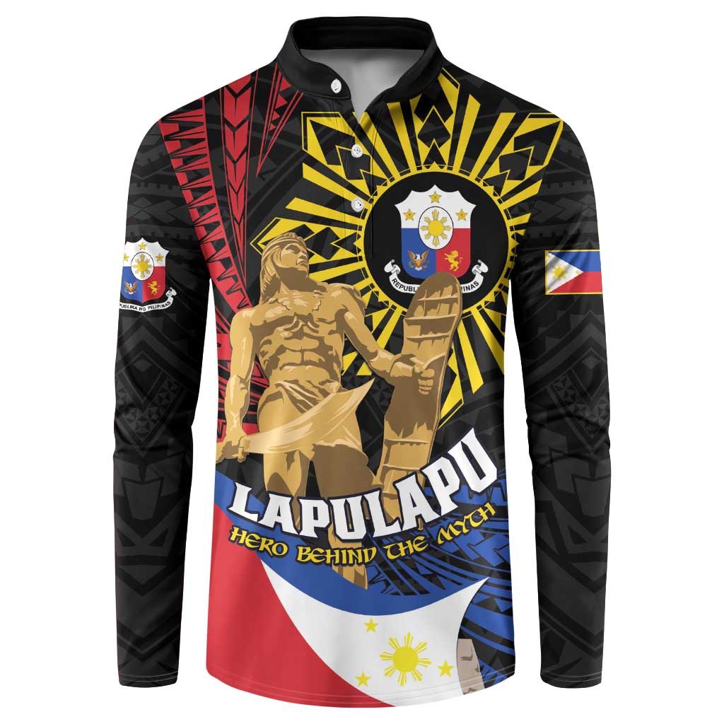 Personalized Lapulapu The First Filipino Hero Button Sweatshirt Polynesian Pattern LT01 Black - Polynesian Pride