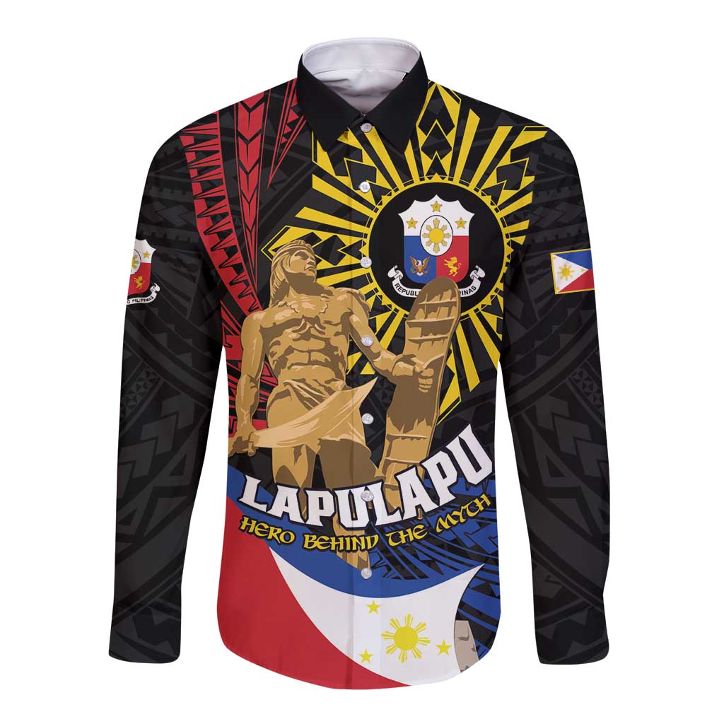 Personalized Lapulapu The First Filipino Hero Long Sleeve Button Shirt Polynesian Pattern LT01 Unisex Black - Polynesian Pride
