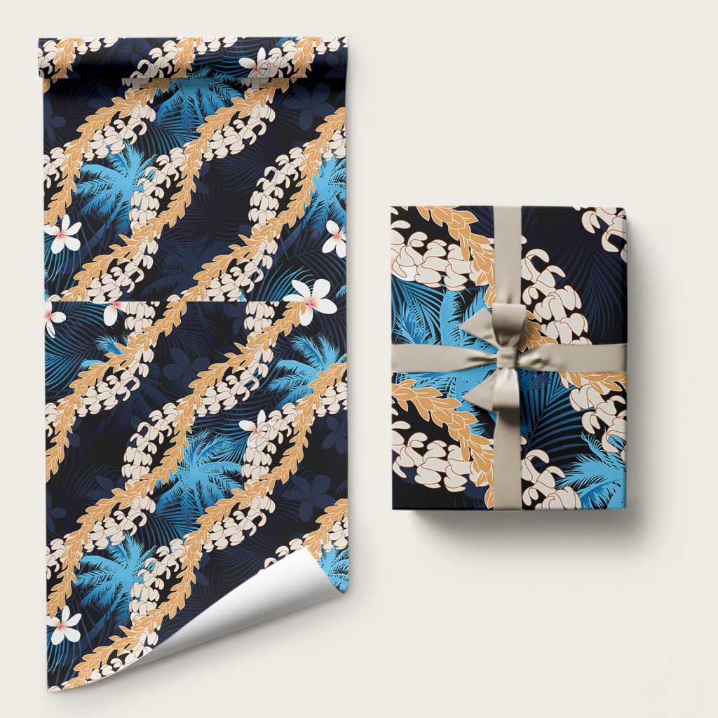 Puakenikeni Maile Lei Wrapping Paper Frangipani Blue Tropical Leaves LT01 58" × 23" Blue - Polynesian Pride