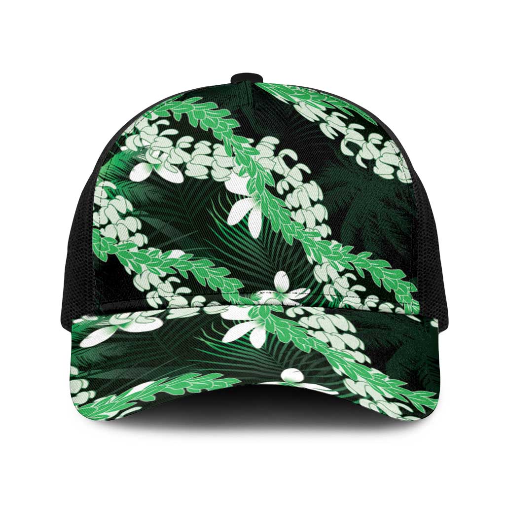 Puakenikeni Maile Lei Baseball Net Cap Frangipani Green Tropical Leaves LT01 One Size Black Green - Polynesian Pride