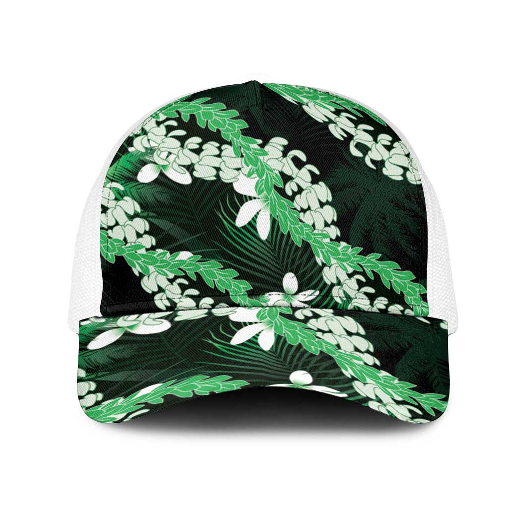 Puakenikeni Maile Lei Mesh Trucker Cap Frangipani Green Tropical Leaves LT01 One Size White Green - Polynesian Pride