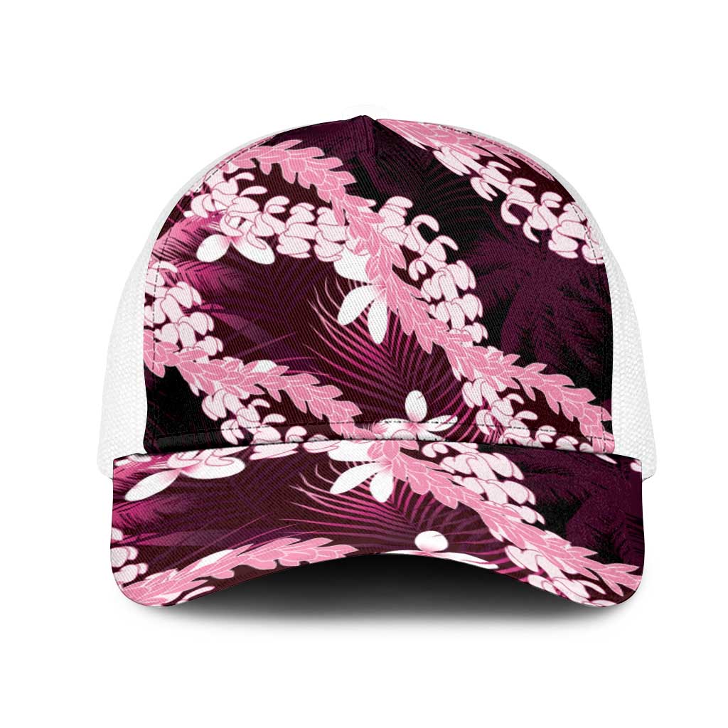 Puakenikeni Maile Lei Mesh Trucker Cap Frangipani Pink Tropical Leaves LT01 One Size White Pink - Polynesian Pride
