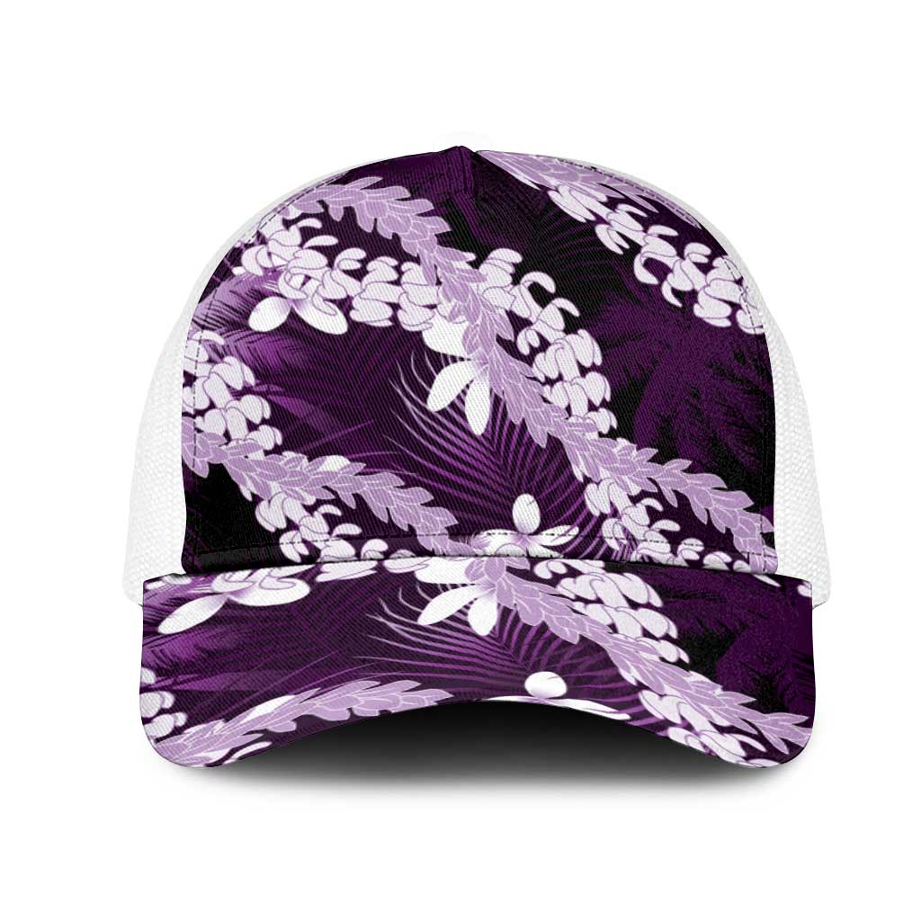 Puakenikeni Maile Lei Mesh Trucker Cap Frangipani Purple Tropical Leaves LT01 One Size White Purple - Polynesian Pride