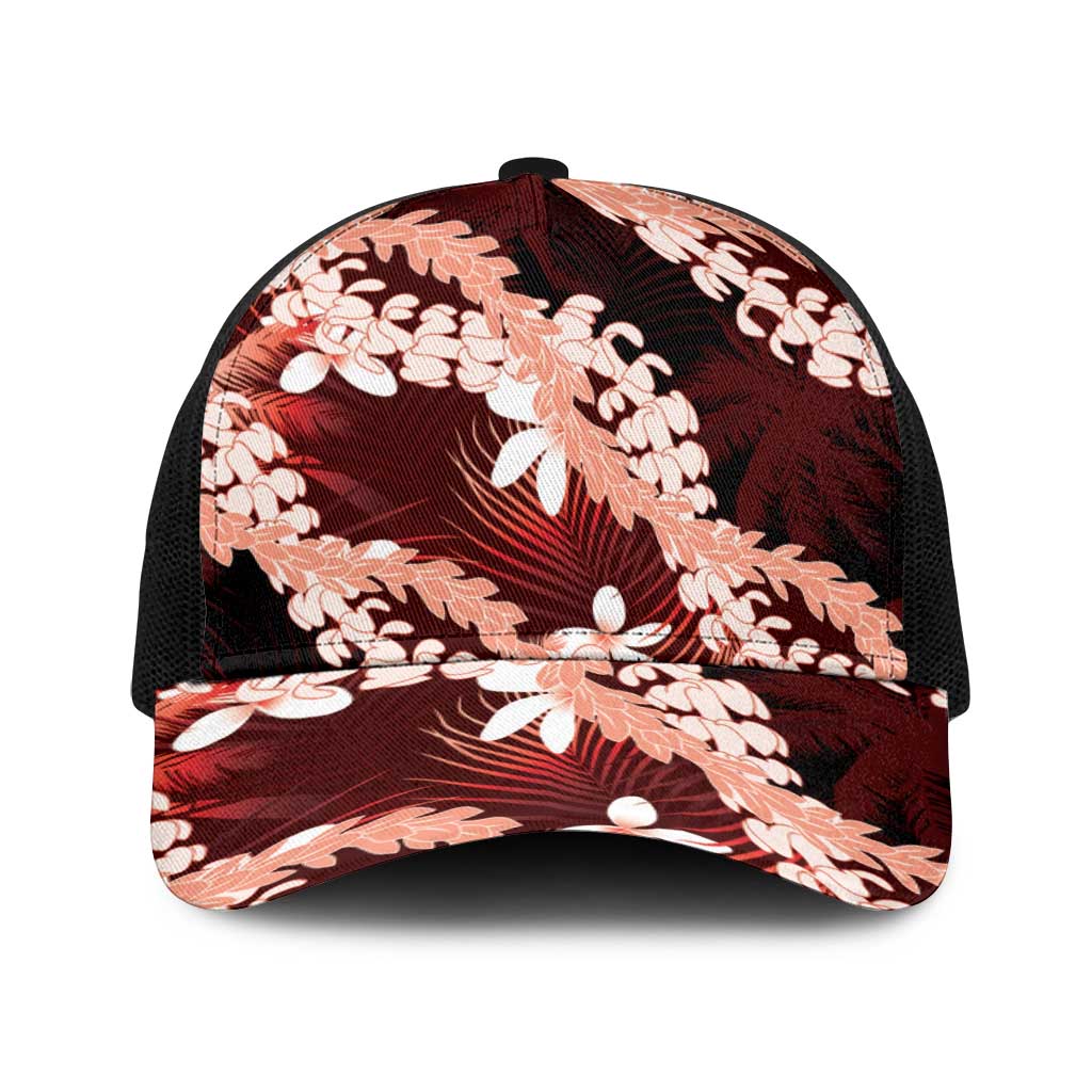 Puakenikeni Maile Lei Baseball Net Cap Frangipani Red Tropical Leaves LT01 One Size Black Red - Polynesian Pride