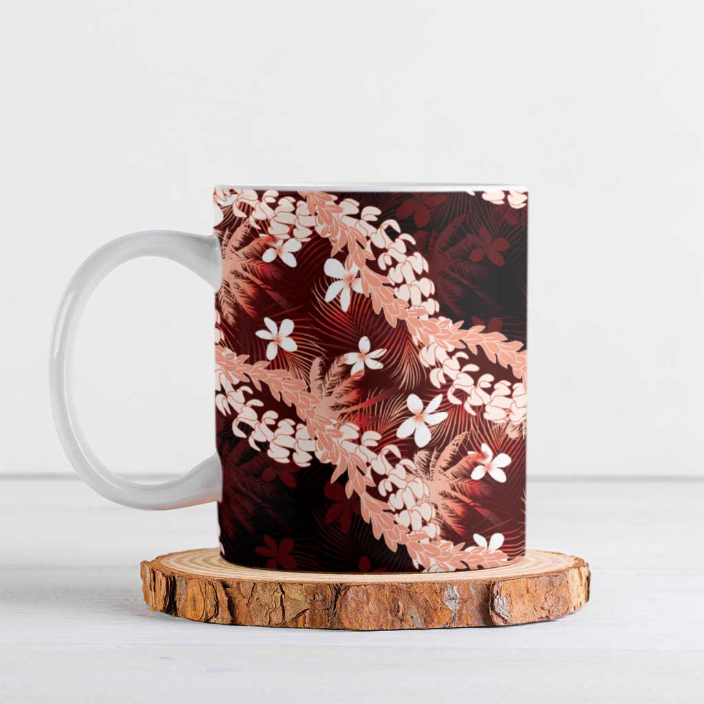 Puakenikeni Maile Lei Ceramic Mug Frangipani Red Tropical Leaves LT01 Red - Polynesian Pride