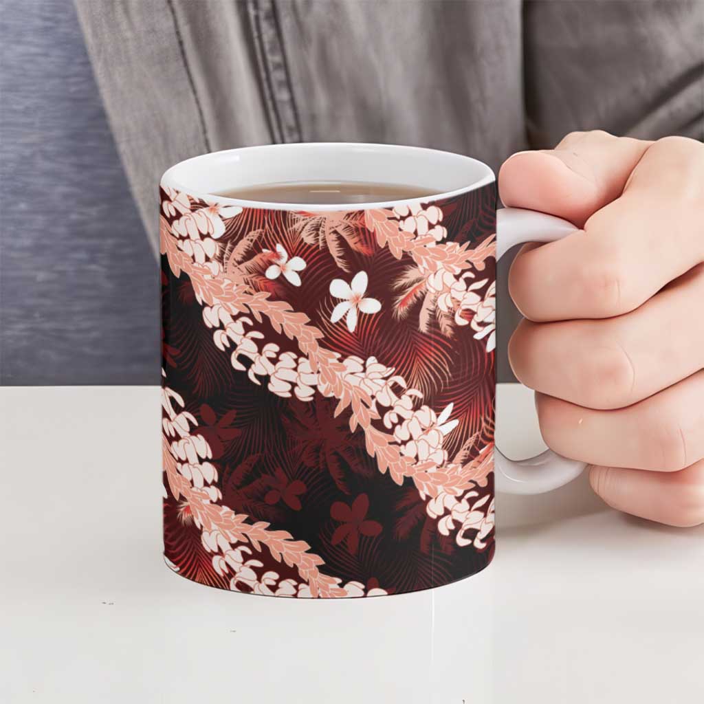 Puakenikeni Maile Lei Ceramic Mug Frangipani Red Tropical Leaves LT01 - Polynesian Pride