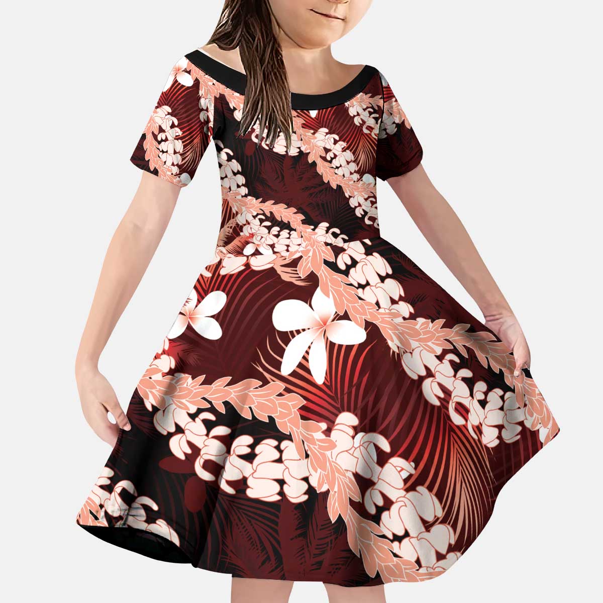 Puakenikeni Maile Lei Kid Short Sleeve Dress Frangipani Red Tropical Leaves LT01 KID Red - Polynesian Pride