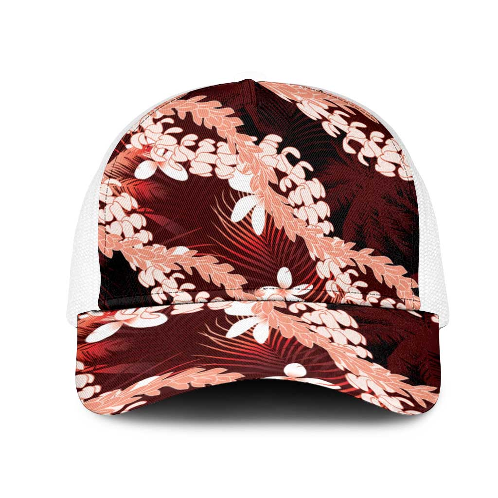 Puakenikeni Maile Lei Mesh Trucker Cap Frangipani Red Tropical Leaves LT01 One Size White Red - Polynesian Pride